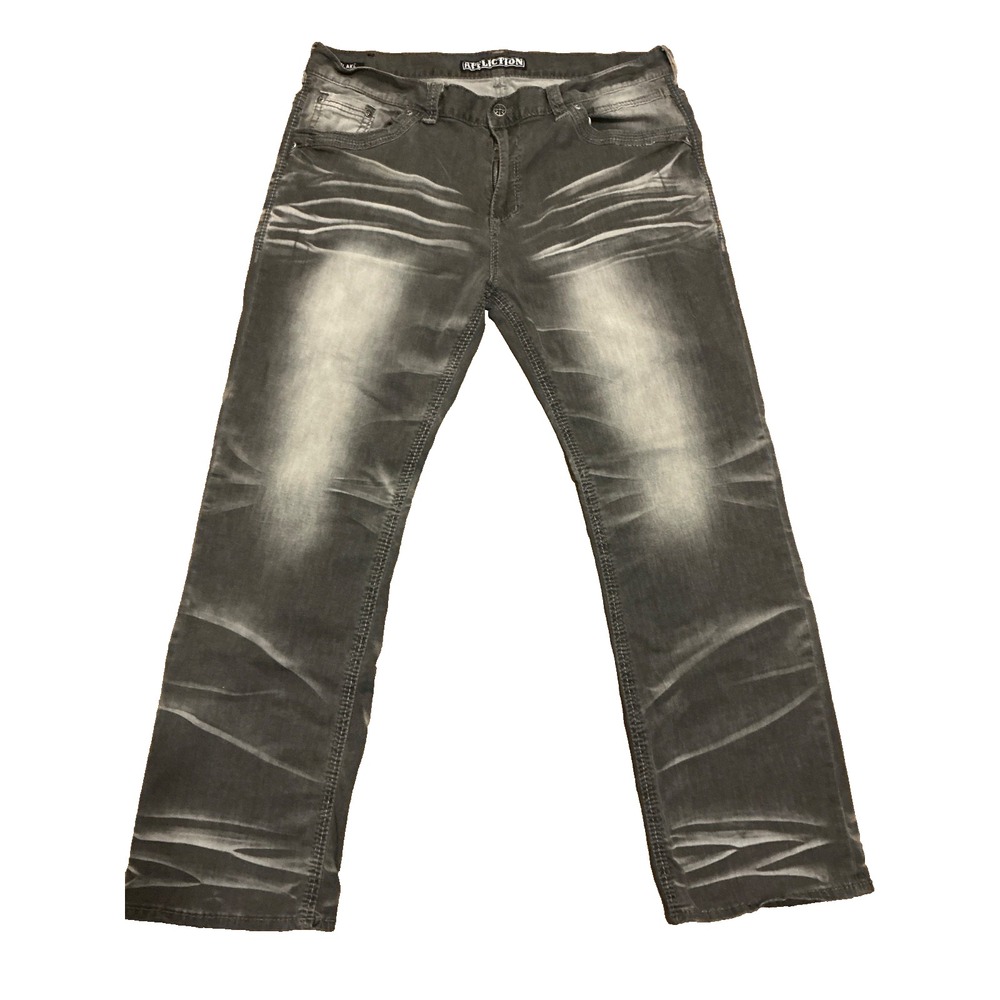 Affliction Jeans Men 42x33 Blue Distress Ace Slim Straight Zipper Fly Premium